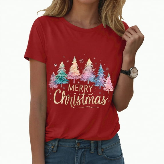 UngA Womens Christmas T Shirts Family Santa Graphic T Shirts Short Sleeve Funny Xmas Holiday Print Tee Tops Christmas Shirt for Women Red,S