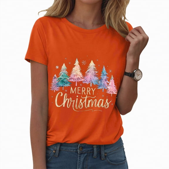 UngA Womens Christmas T Shirts Merry and Bright Shirt Women Merry Christmas Tee Letter Print Casual Short Sleeve Tee Tops Christmas Shirts Women Orange,XXL
