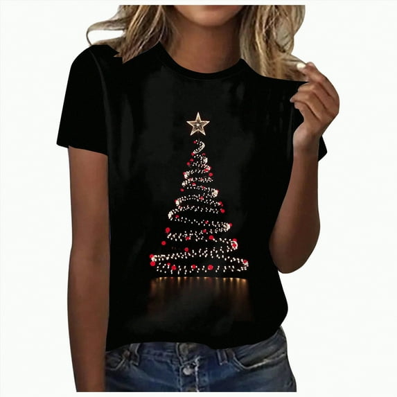 UngA Womens Christmas T Shirts Merry Christmas Printed T-Shirts Short Sleeve Holiday Tee Xmas Gift Tops Christmas Shirts for Women Black,L