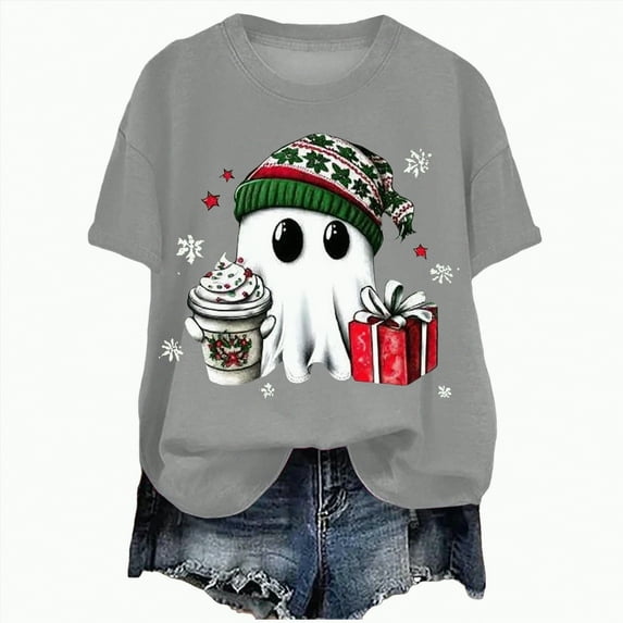 UngA Womens Christmas T Shirts Merry Christmas T-Shirt Xmas Tree Casual Short Sleeve Tee Tops Christmas Shirts for Women Grey,XXL