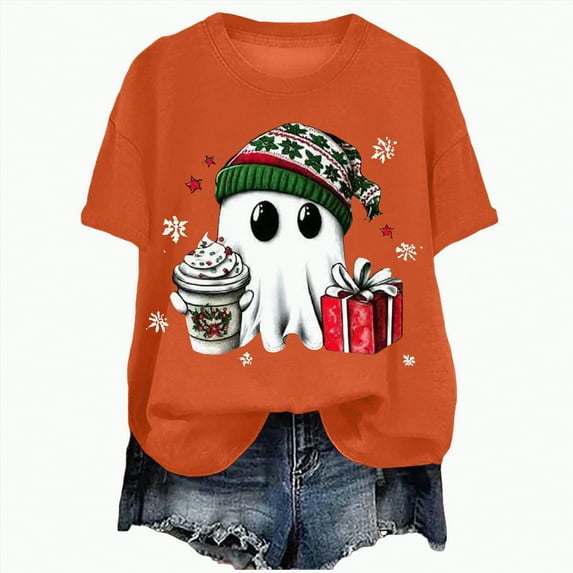 UngA Womens Christmas T Shirts Merry and Bright Christmas Shirt Xmas Tree Graphic Holiday Tee Tops Christmas Shirts for Women Orange,XXL