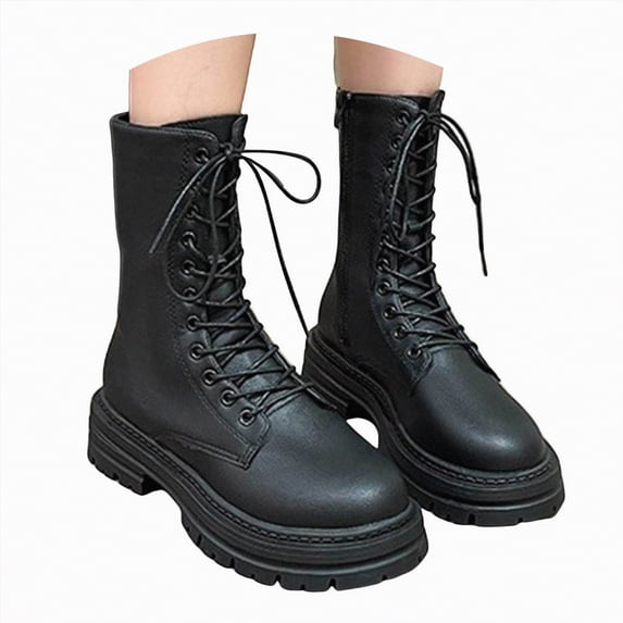 UngA Womens Combat Boots Ankle Boots Lace-Up Platform Lug Sole Women’s Boots Black,Size 7.5