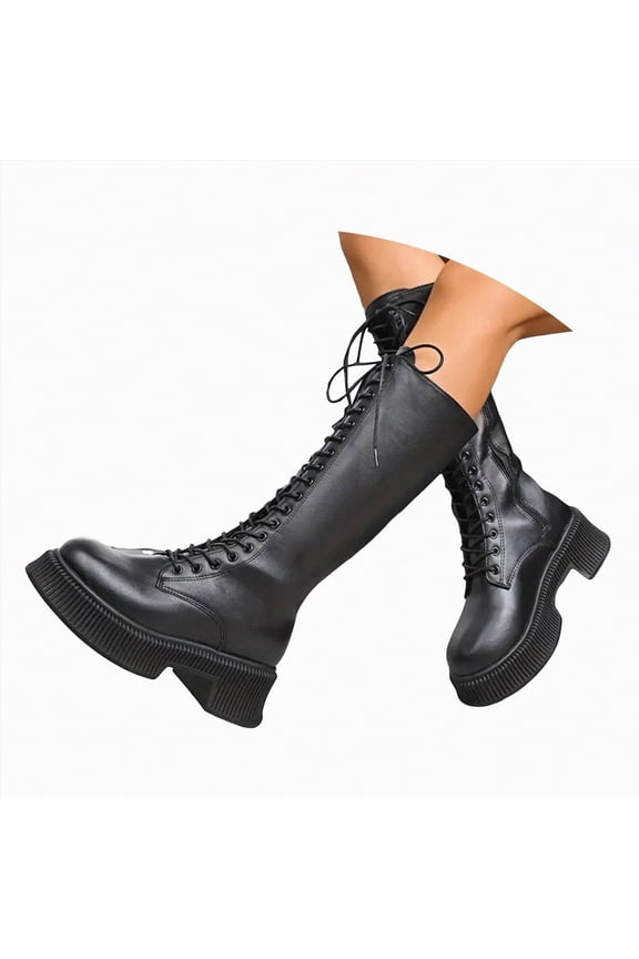 Womens Combat Boots Lace-Up Military Style Mid-Calf Boots with Side Zipper Faux Leather Round Toe Fall Winter Women's Boots Black,Size 6