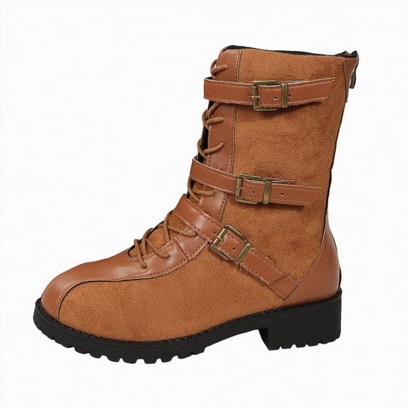 UngA Womens Combat Boots Lace up Mid Calf Boots Low Heel Chunky Platform Riding Boots Lug Sole Womans Boots Yellow,Size 7.5