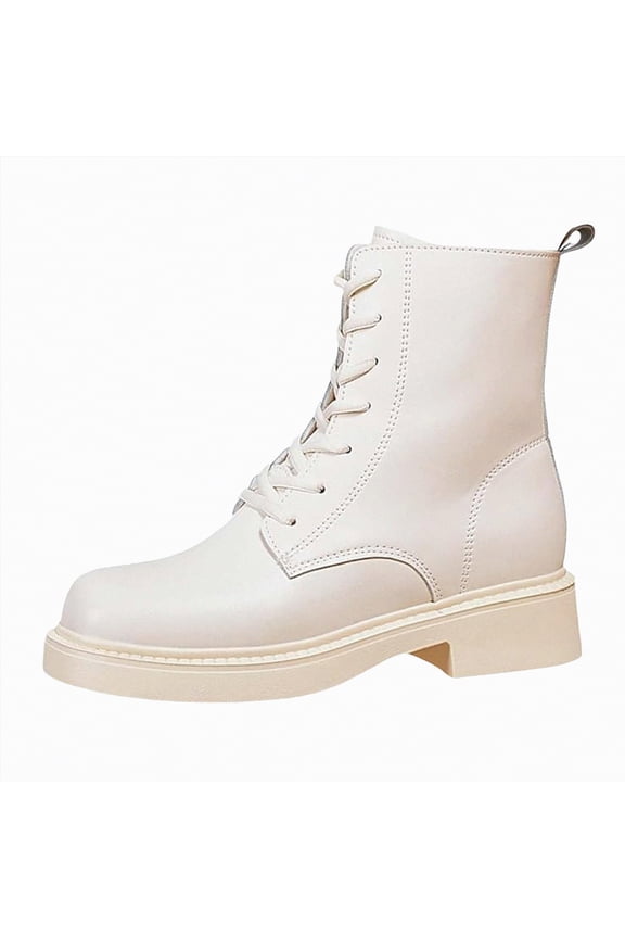 Womens Combat Boots Lace up Mid Calf Boots Low Heel Chunky Platform Riding Boots Lug Sole Womens Boot White,Size 6.5