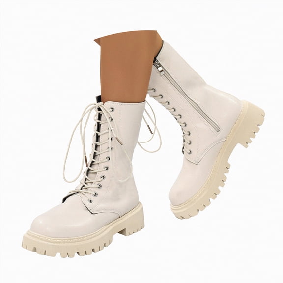UngA Womens Combat Boots Style Mid-Calf Boots Lace Up Side Zipper Boots Women White,Size 6.5