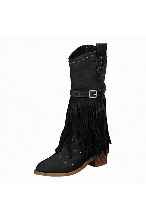 Womens Cowboy Boots Comfortable Fringe Western Cowgirl Boots with Pointed Toe Stitched Embroidery for Country Concert Dancing Wedding Traveling Daily Outfits Black,Size 7.5