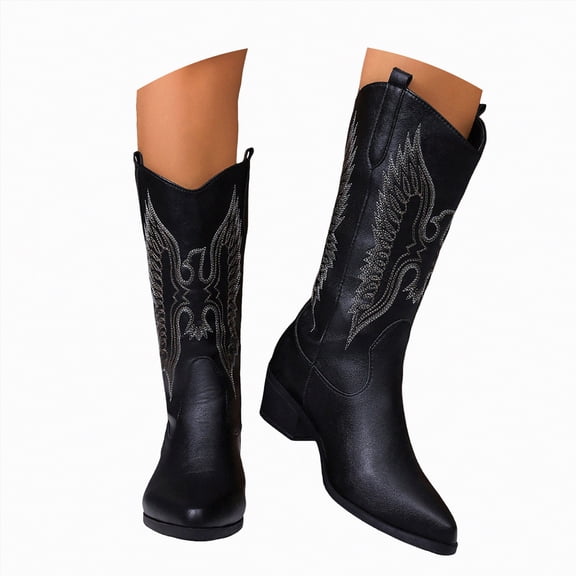 UngA Womens Cowboy Boots Fashion Embroidery Cowgirl Western Boots Stitched Chunky Heel Mid Calf Boots Black,Size 6.5