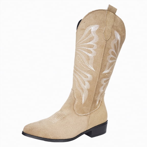 UngA Womens Cowboy Boots Fashion Embroidery Cowgirl Western Boots Stitched Chunky Heel Mid Calf Boots Khaki,Size 6.5