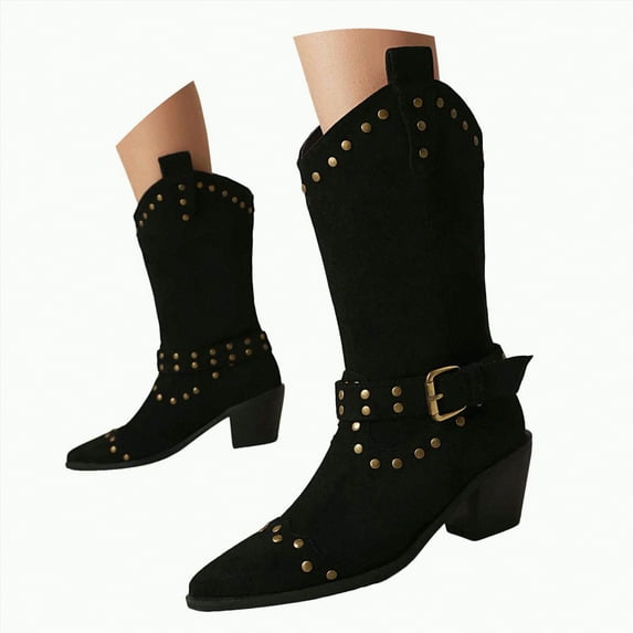 UngA Womens Cowboy Boots Women's Cowboy Boots Mid Calf Cowgirl Embroidered Western Chunky Heel Pull On Knee High Boots Black,6.5