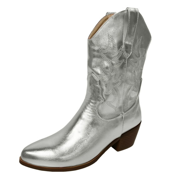 UngA Womens Cowboy Boots Women's Western Boots Square Toe Heel Zipper Embroidered Ankle Boots Silver,7