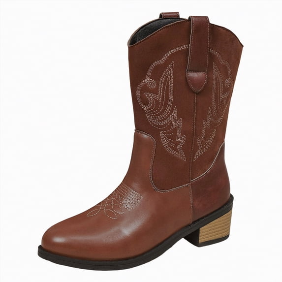 UngA Womens Cowgirl Boots Western Boots with Embroidered Square Toe Chunky Heel Mid Calf Cowboy Boots Fall Winter Shoes Brown,Size 9