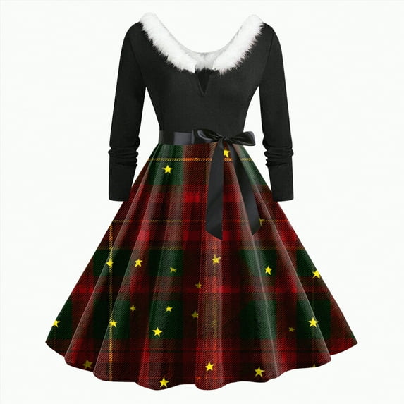 UngA Womens Dresses Christmas 2025 Winter Warm Plush V Neck Cute Printed Party Dresses with Belt Long Vintage Women Cocktail Dresses,Size XL