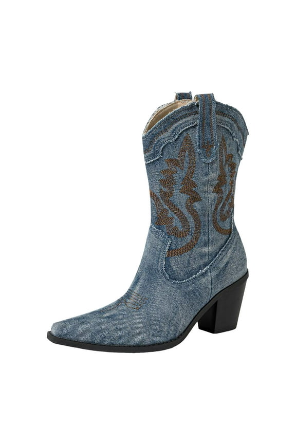 Womens Fall Boots Women's Western Cowboy Snip Toe Embroidered Leather Knee High Cowgirl Boots Wide Calf Blue,6.5
