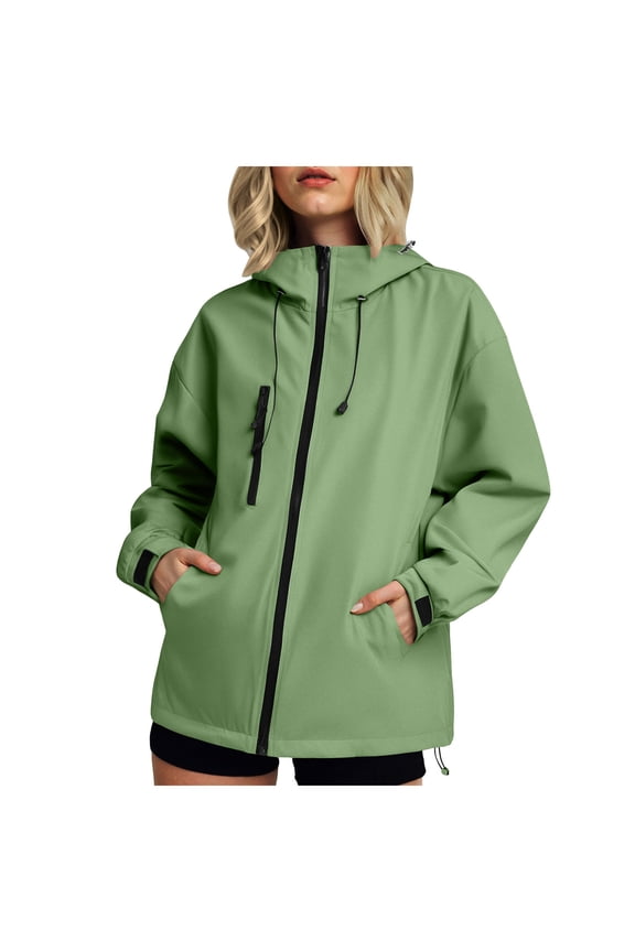 Womens Fall Jacket Women's Waterproof Long Rain Coats Packable Rain Jacket with Hood Trench Coats Windbreaker Light Green,S