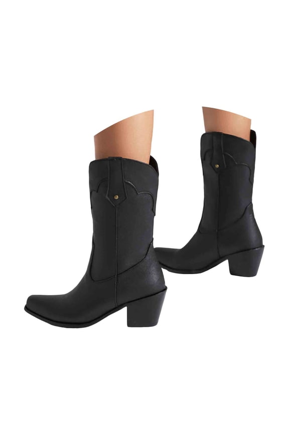 Womens Fashion Boots Cowboy Boots for Women Wide Suede Ankle Western Cowgirl Boots Mid Calf Pointed Toe Short Classic Booties Black,7