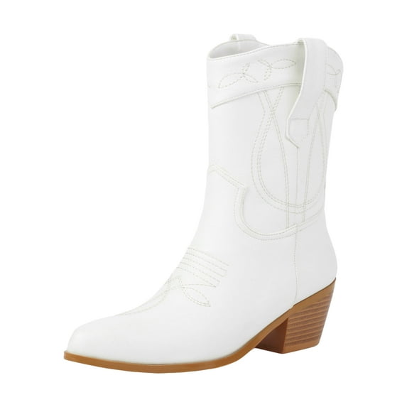 UngA Womens Fashion Boots Women's Mid Calf The Western Cowboy Boots Fashion Cowgirl Boots For Women Low Heel White,9.5