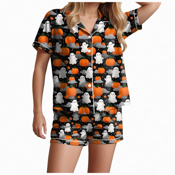 UngA Womens Halloween Pjs Womens Halloween Pajama Sets Ghost Pumpkin Print Buttoned Lounge Set Short Sleeve Top and Shorts Sleepwear Dark Gray,S