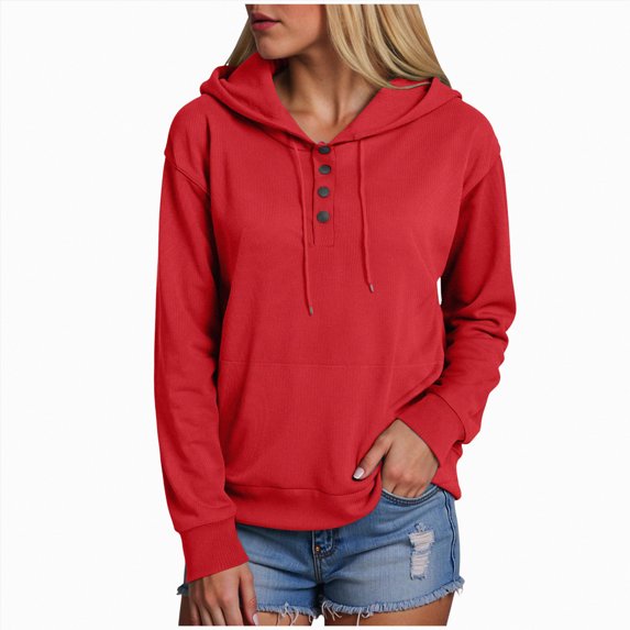 UngA Womens Hoodie Long Sleeve Shirts Fall Fashion V Neck Sweatshirts with Buttons Casual Trendy Pullover Tops Oversized Hoodie Women (Red,4XL)