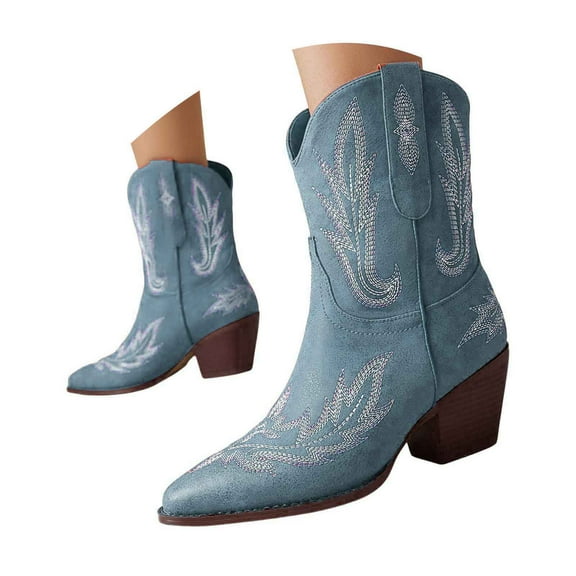 UngA Womens Leather Cowboy Boots Cowboy Boots for Women - Embroidered Cowgirl Boots Western Mid Calf Fashion Heel Pointed Toe Country Boot Blue,7