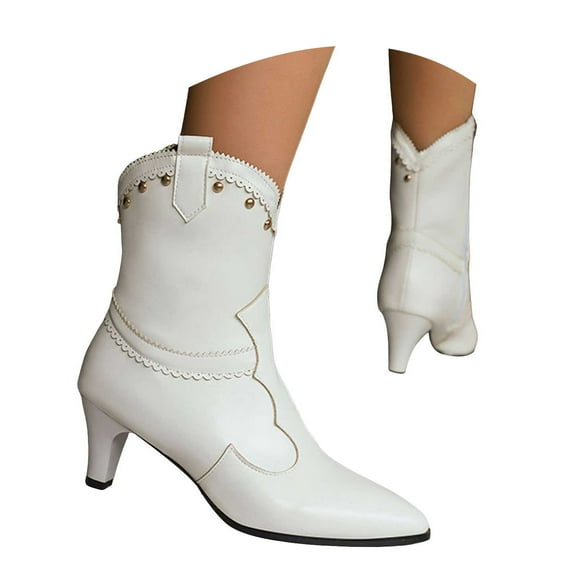 UngA Womens Leather Cowboy Boots Cowboy Boots for Women Wide Suede Ankle Western Cowgirl Boots Mid Calf Pointed Toe Short Classic Booties White,5.5