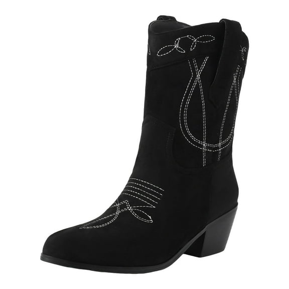 UngA Womens Leather Cowboy Boots Women's Cowgirl Boots Mid Calf Western Cowboy Boots Round toe Chunky Heel Ankle Boots Black,10