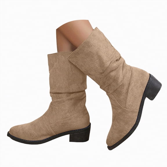 UngA Womens Mid Calf Boots Chunky Heel Boots Fashion Casual Zipper Slip on Mid Calf Boots Comfort Solid Color Lightweight Boots Plus Size Boots for Woman Beige,Size 6.5