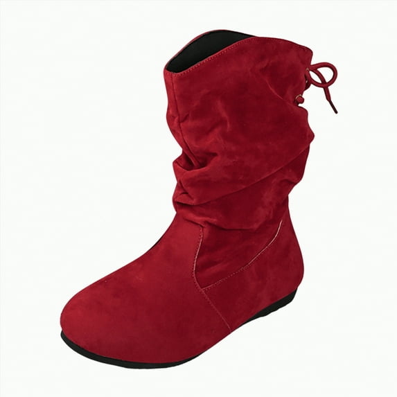 UngA Womens Mid Calf Boots Comfort Flat Boots Solid Color Fashion Casual Slip On Zipper Plus Size Boots Women Red,Size 7