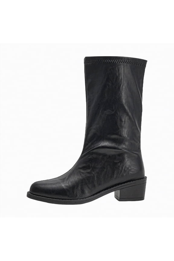 Womens Mid Calf Boots Motorcycle Riding Boots with Buckle Straps Pull-on Low Block Heel Round Toe Slouchy Boots for Woman Black,Size 7.5