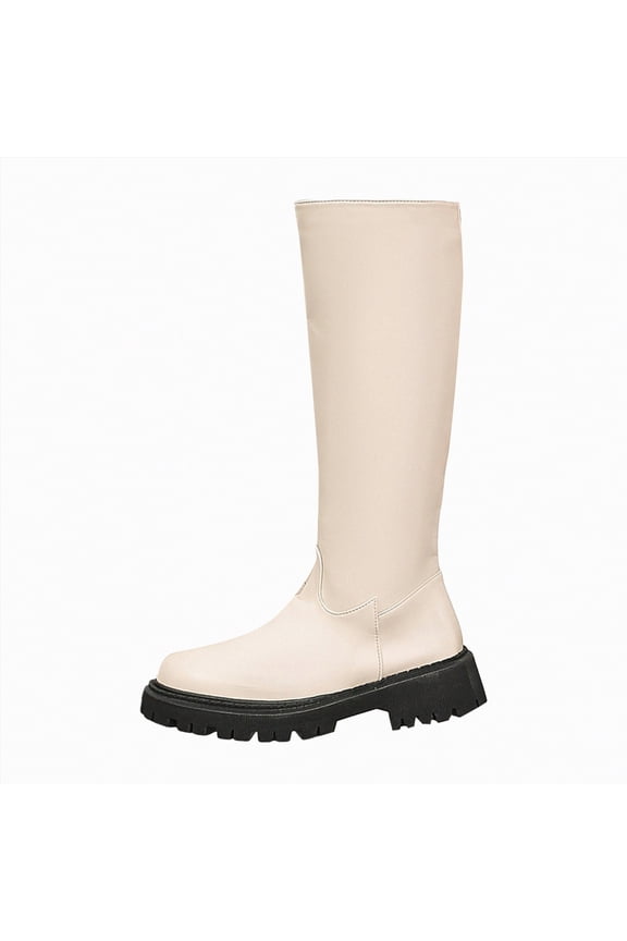 Womens Mid Calf Boots Slouchy Boots Wide Calf Combat Platform Boots Chunky Heel Punk Goth Riding Boots for Woman Beige,Size 7
