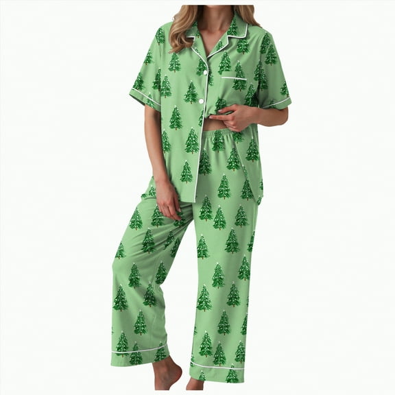 UngA Womens Silk Christmas Pajamas Set 2 Piece Satin Pjs Soft Button Down Sleepwear Wide Leg Long Pants with Pockets Women's Christmas Pajamas,Size L