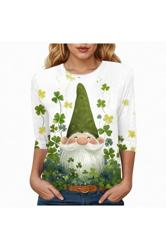 Womens St Patrick Day Shirts 3/4 Sleeve Tshirt Blouses Funny Shamrock Irish Shirts Tops Outfits Clothes,Size XXL