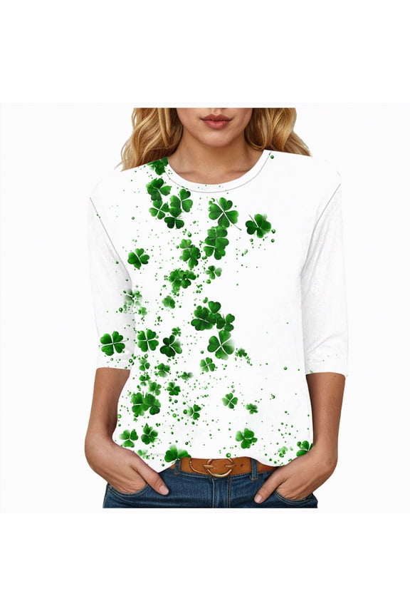 Womens St. Patricks Day Shirt 3/4 Sleeve Tshirt Blouses Funny Shamrock Irish Shirts Tops Outfits Clothes,Size S