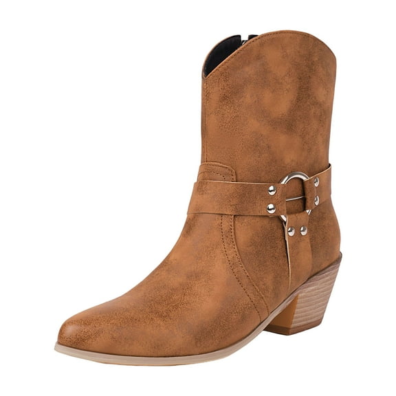 UngA Womens Wide Calf Cowboy Boots Cowboy Boots for Women Mid Calf Cowgirl Boots Round Toe Western Low Heel Shoes Brown,8