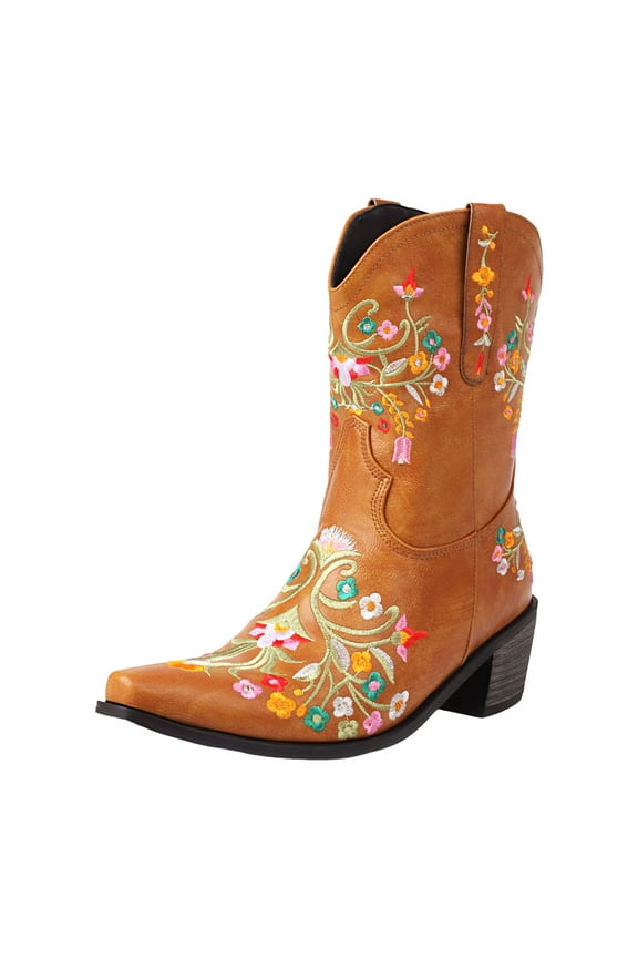 Womens Wide Calf Cowboy Boots Women's Modern Western Cowboy Boots, Mid Calf Round toe Chunky Heel Cowgirl Country Ankle Boots with Pull On Tabs Yellow,10.5