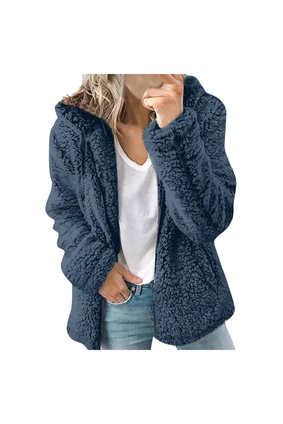 Womens Winter Sherpa Fleece Jacket Fashion Women Casual Solid Hooded Plush Warm Jackets Zipper Cardigan Tops Coat Blue,XXL