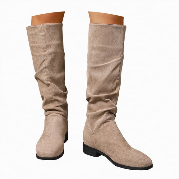 UngA Wonens Boots Flat Boots Fashion Casual Slip On Mid Calf Boots Comfort Solid Color Zipper Plus Size Mid-Calf Boots for Women Khaki,Size 8