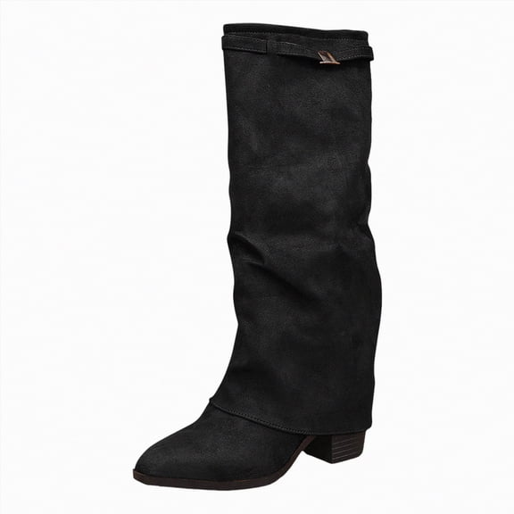 UngA Wonens Boots Stylish Comfortable Buckle Decor Suede Low Heel Zip Up Snow Boots for Warmth and Fashion Tall Design Shoes for Winter Outdoor Footwear Mid Calf Boots Women Black,Size 9.5