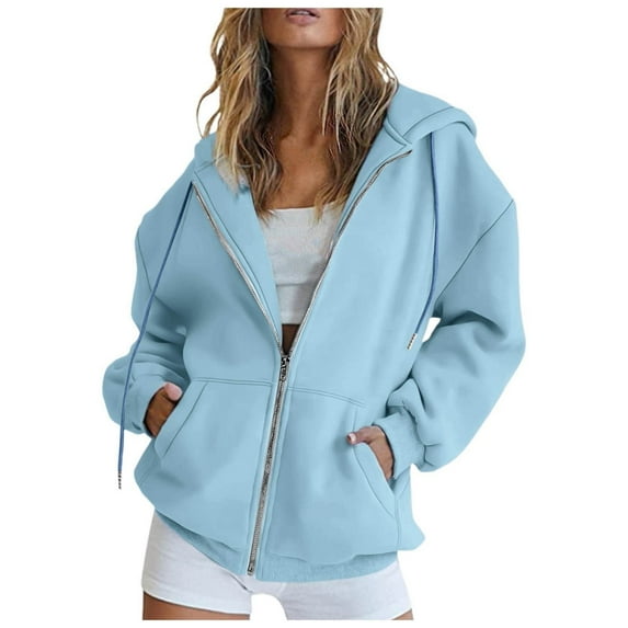 UngA Zip Up Sweatshirt Fashion Women' Zip Up Hoodie Retro Hooded Jacket with Zipper Womens Hoodie Jacket with Sweatshirt Solid Color Sweatshirt Coat for Women Sky Blue,L