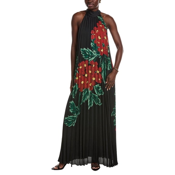 Ungaro womens Lester Halter Sleeveless Pleated Maxi Dress, XL, Red