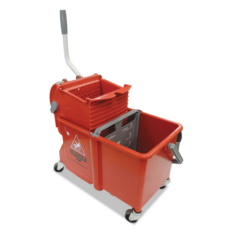 Side-Press Restroom Mop Dual Bucket Combo, 4 gal, Plastic, Red Side-Press Restroom Mop Dual Bucket Combo, 4 gal, Plastic, Red