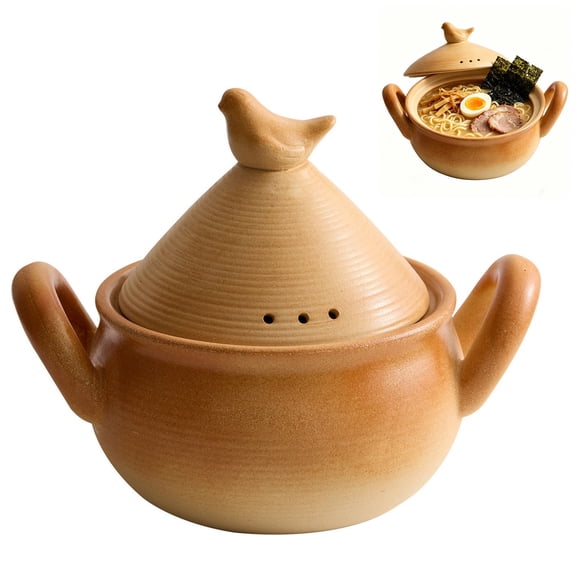 Unglazed Clay Pot with Double Handles and Lid, Earthen Cooking Pot, Heat Resistant Casserole Pot for Rice Cooking, Hot Pot, Bibimbap, Soup and Food Serving for Home Kitchen Use