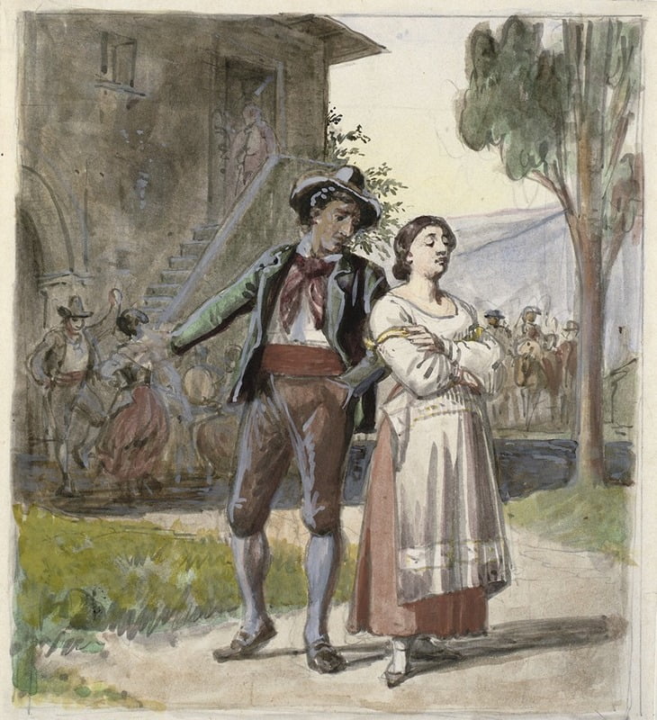 Ungt par, der er uenige, i baggrunden dansende foran et hus (1870 ...
