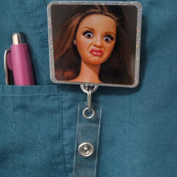 Unhinged doll, Cringe Face, viral, Funny Badge Reel, doll face, meme, unhinged, Badge Holder, Cute Work Badge, Nurse Badge Ree