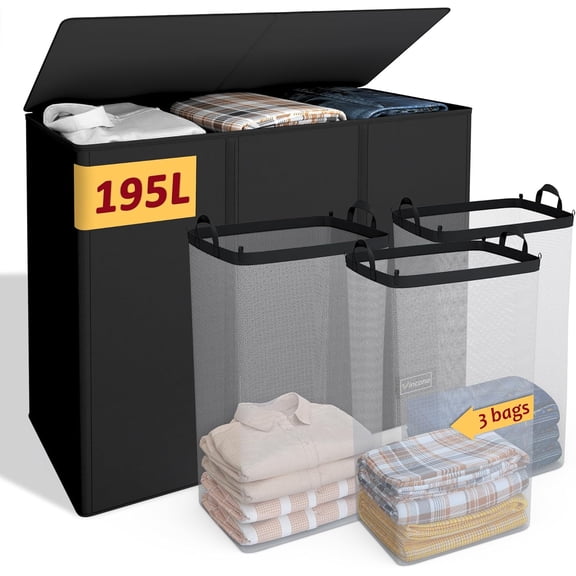 Uni 195L Laundry Hamper 3 Section,Large Laundry Hamper with Lid,Dirty Clothes Hamper with 3 Inner Bags,Collapsible Laundry Basket Organizer for Laundry Room,Bedroom,Laundry Sorter Hamper 3Compartment