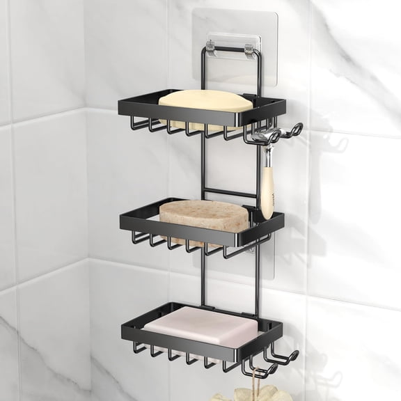 Uni 3-Tier Black Soap Bar Holder for Shower, No Drilling, 304 Stainless Steel, Wall Mounted Soap Holder with 4 Hooks and Razor Holder, Shower Rack Soap Tray Bar Soap for Bathroom Accessories