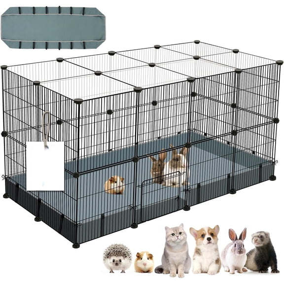Uni 32 Panels Small Animal Playpen,47.5" x 23.7" x 31.5" Pet Playpen with Upgrade Waterproof Mat,C&C Cage for Guinea Pigs, Rabbit/Bunny Cage, Bunny/Puppy Play Pen, Indoor Outdoor Portable Metal Fence
