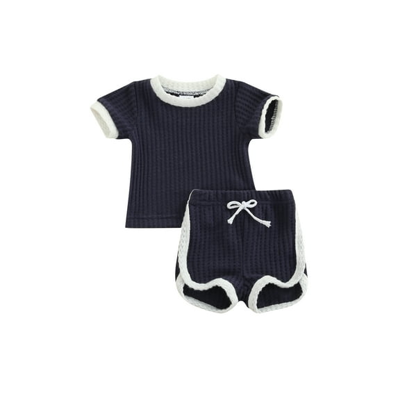 Uni Baby 2pcs Set Infant Boys Solid Color Ribbed Waffle Casual Short Sleeve Shirt Tie Up Shorts Baby Girl Set