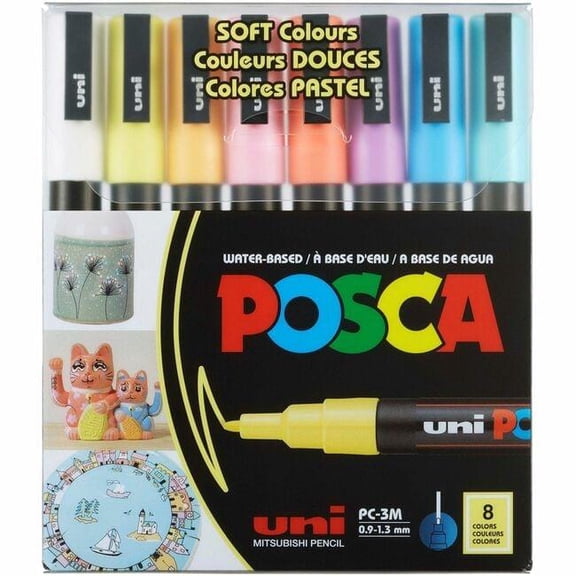 Uni-Ball UBCPC3M8CSOFT 1.3 mm Soft Clear Posca Paint Marker, Assorted Color - Pack of 8