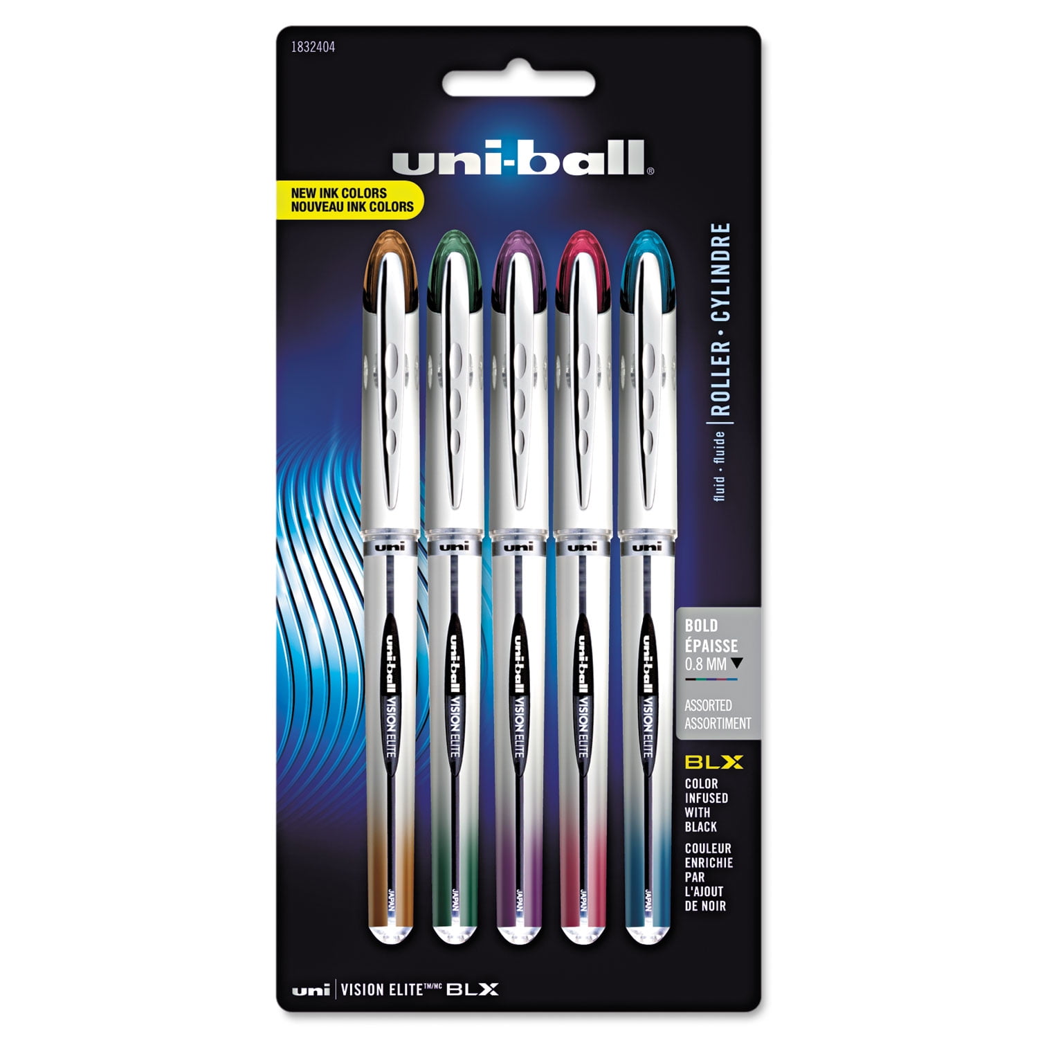 Uni-Ball 1832404 Vision Elite BLX Series Rollerball Pen 0.8 mm Assorted 5-Pk